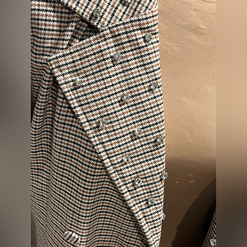VENUS Houndstooth Longline Trench Coat Chic Neutral Plaid Jacket - Picture 5 of 12